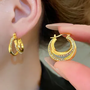 Elegant gold double circle hoop earrings with sparkling rhinestones for women