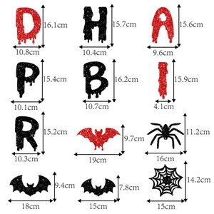 Halloween banner set with glitter letters, spiders, and bats showing product dimensions