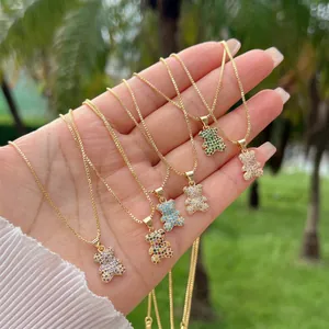 Cute Bear Pendant Necklace 18K Gold Plated Copper Micro Pave Colorful Cubic Zirconia Trendy Jewelry For Women
