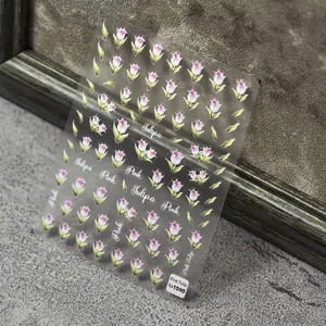 Pink tulip nail art stickers with thin flexible adhesive and floral patterns