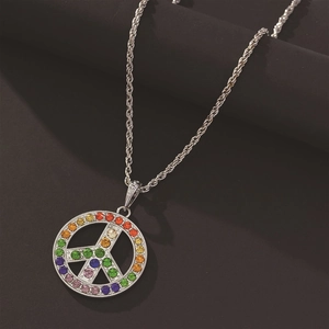 Peace Sign Pendant Necklace Alloy Rainbow Rhinestone Colorful Hip Hop Chunky Jewelry For Women