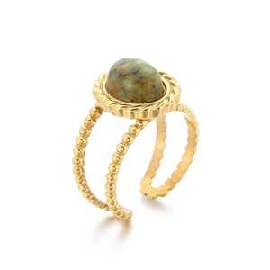 Vintage gold stainless steel open ring with large oval green marble stone inlay
