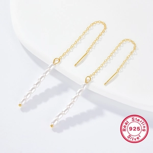 Elegant S925 sterling silver drop earrings with long gold chains and white pearl tassels