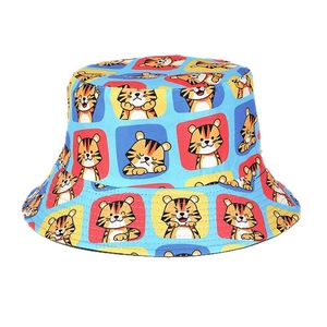 Blue bucket hat with cartoon tiger patterns, casual sun protection headwear for summer