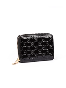 Close-up of black embossed leather card holder with gold zipper detail and multi-slots