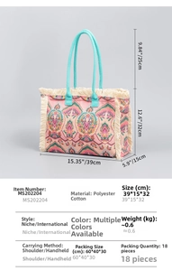 Detailed size chart for bohemian canvas tote bag with height and width measurements