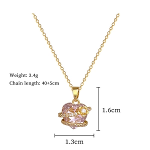 Detail of pink heart zircon necklace with gold chain and dimensions 40 plus 5cm length