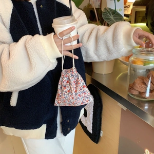 Custodia vintage in velluto a coste con fiori e coulisse per cosmetici e gioielli