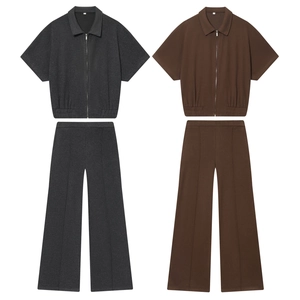 Damen Casual Streetwear Kurzarm Reißverschluss Top Und Hohe Taille Weites Bein Hose Einfarbig Polyester Outfit