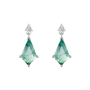 Elegant kite-shaped green moss agate earrings with silver hooks and white zircon accents