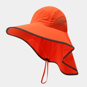 Detail of bright orange high-visibility sun hat with mesh panels and a long neck flap