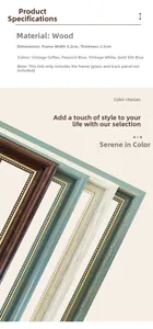 Detail view of 3.2cm wide wooden frames in vintage coffee, peacock blue, and gold-blue