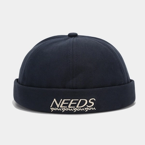 Navy blue cotton sailor brimless cap with white NEEDS embroidery for men and women