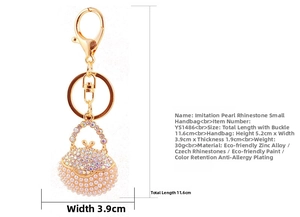 Detailed size chart of rhinestone handbag keychain with pearls and lobster clasp