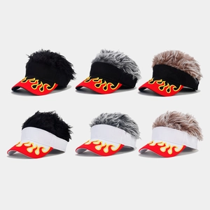 Novelty Sun Visor Hat With Fake Hair Wig Cotton Baseball Cap Flame Embroidery Funny Punk Outdoor Unisex Adjustable