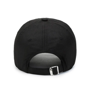 Rear view of black quick-dry outdoor sun hat with adjustable metal buckle closure