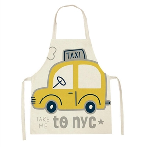Linen sleeveless apron with cartoon yellow taxi and Take Me to NYC print on white background