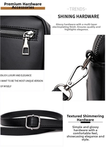 Detail view of silver hardware with zipper head and D-ring on black leather crossbody bag