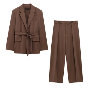 Women Business Casual Blazer And Wide Leg Trousers Belted Single Breasted Solid Color Office Workwear Polyester
