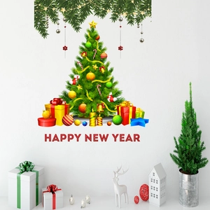 Christmas tree wall sticker with colorful gift boxes and Happy New Year lettering
