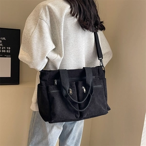 Large capacity black corduroy shoulder bag with multi-pockets and adjustable strap