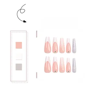 Detail of pink French press-on nails with white curves, silver glitter and rhinestones
