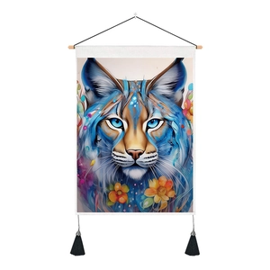 Detail of 3D cat tapestry with wood rod and black tassels in watercolor style