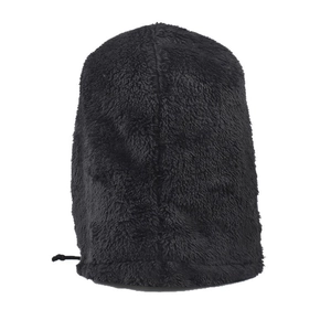 Close-up of black plush balaclava with adjustable drawstring for winter thermal protection