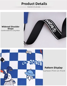 Detailed view of kids chest bag featuring blue checkerboard pattern and cartoon rabbit