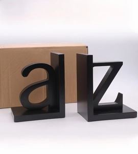 Matte black metal bookends with A and Z letters and protective corrugated packaging