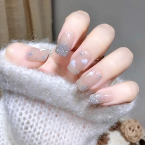 Press On Nails Nude Pink Silver Glitter Gradient Star And Cloud Patterns Medium Square Round Shape For Women