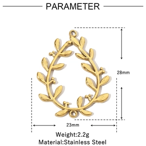 Detailed size specifications for the gold leaf wreath stainless steel teardrop pendant