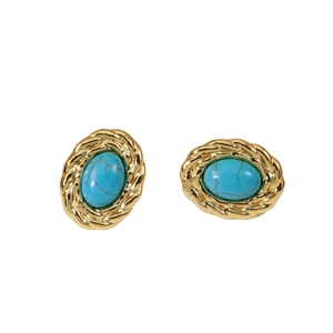 Vintage gold oval stud earrings with turquoise stones and twisted rope metal borders
