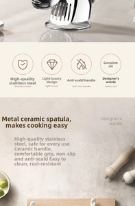 Detail of stainless steel kitchen utensil set with heat-resistant cream ceramic handles