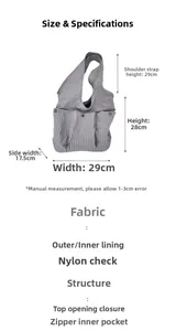 Detailed dimension guide for gray nylon tote bag showing exact height, width and depth
