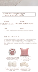 Detailed chart showing pink cat paw pillows in chenille and embroidery textures