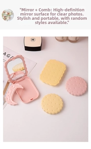 Detail shot of biscuit-shaped folding pocket mirror with a built-in mini hair comb