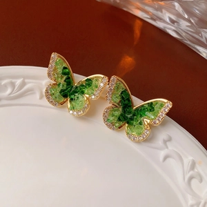 Butterfly Stud Earrings With Green Crystal Zircon And Silver Earring Post Gold Plated Copper Elegant Fashion For Women