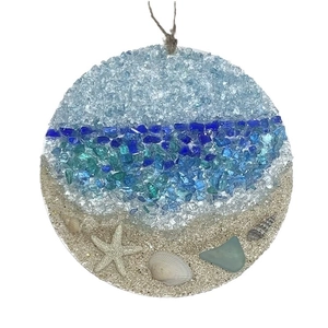 Artistic beach sea glass suncatcher with sand shells and starfish hanging ornament