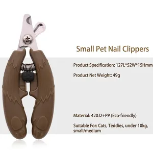 Compact stainless steel pet nail clippers for small dogs and cats with brown ergonomic handle