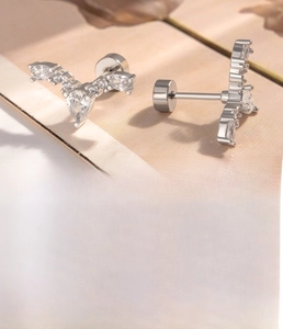 Detail view of silver V-shape zircon earrings with titanium steel screw back specs