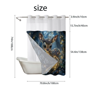 Detailed size chart for animal print waterproof bath curtain with forest deer pattern