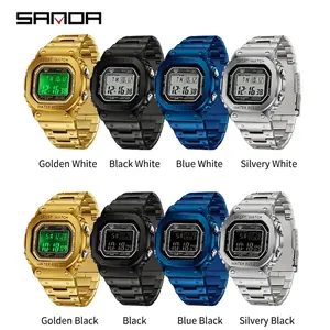 Square digital sports watch in multiple colors like gold and black with waterproof design