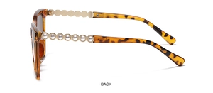 Detail of tortoise square sunglasses featuring metal temples with pearl embellishments