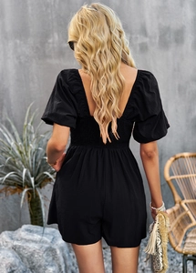 Detail of a black romper showing puff sleeves, square back neckline and elastic waist