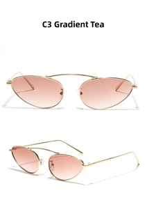 Detail of cat-eye metal sunglasses with gold frame and gradient tea lenses in C3 style