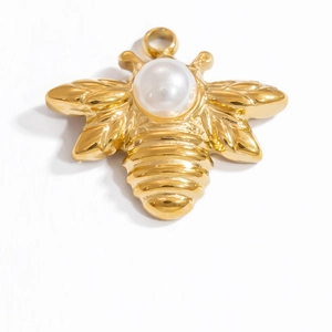 Gold bee pendant with white pearl inlay in stainless steel for jewelry making