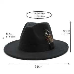 Size chart showing M and L dimensions for a black wide brim wool fedora with feather