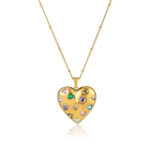 Gold stainless steel necklace featuring multi-color gemstone heart pendant and beaded chain