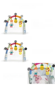 Close-up of baby stroller arch with hanging plush toys and secure blue plastic clips